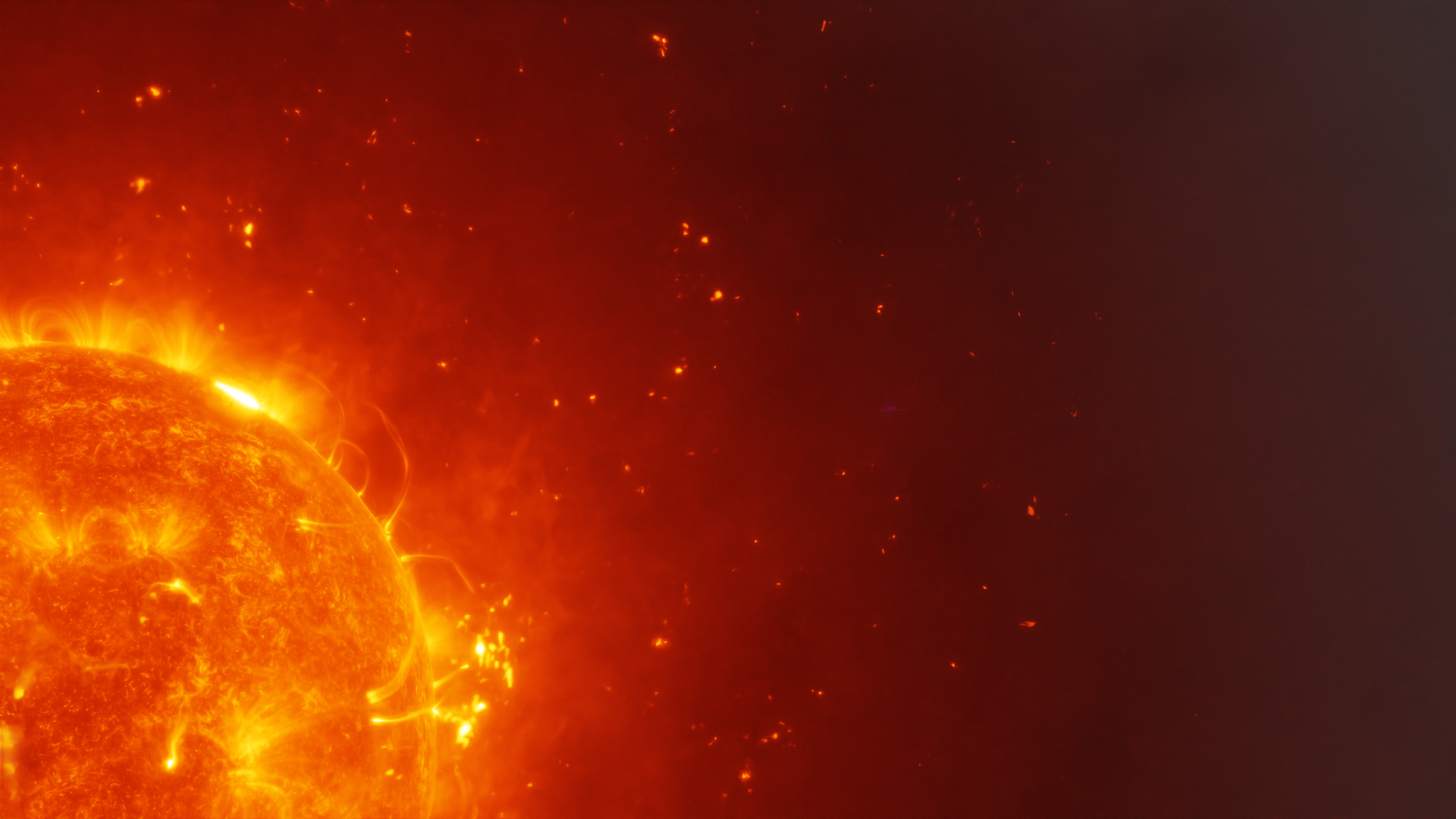 Sun in the bottom left corner covered with solar flares and surrounded by dotted sparks of light